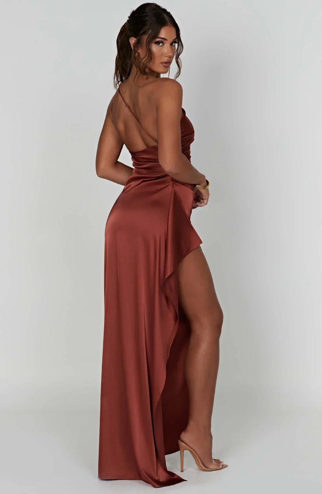 Fallon | Women's One Shoulder Ruched Maxi Dress - Red - Image 42