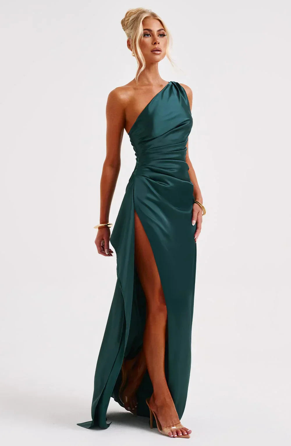 Fallon | Women's One Shoulder Ruched Maxi Dress - Red - Image 61