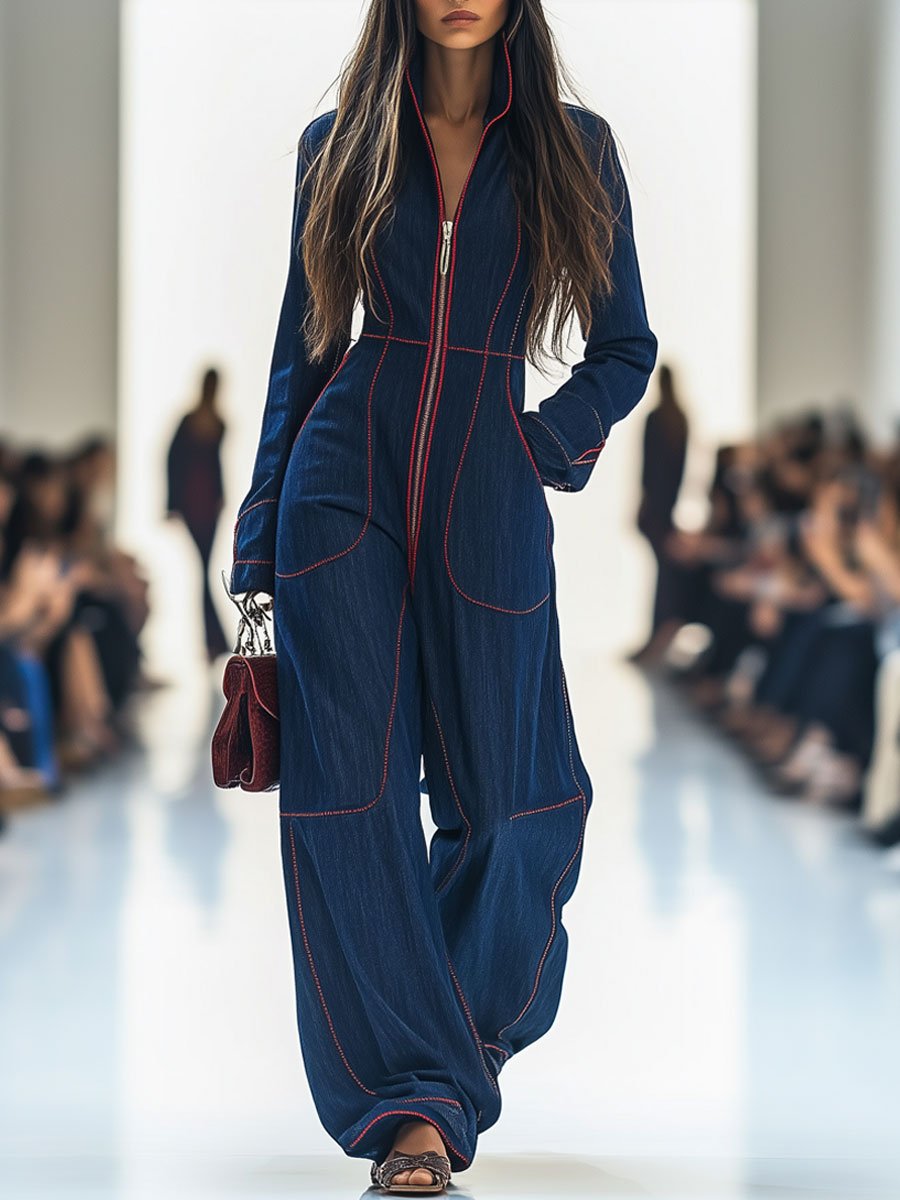 Felicity | Women's Wide Leg Long Sleeve Jumpsuit - Navy - Image 1