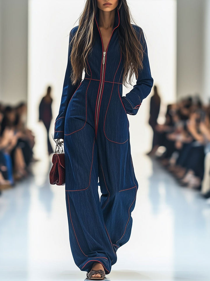 Felicity | Women's Wide Leg Long Sleeve Jumpsuit - Navy - Image 1