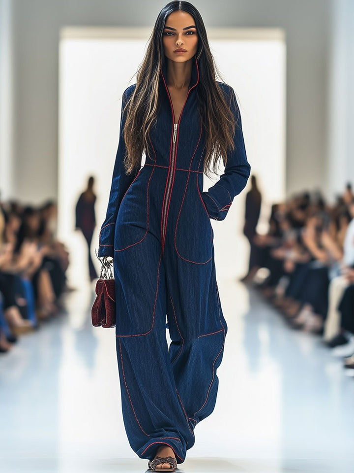 Felicity | Women's Wide Leg Long Sleeve Jumpsuit - Navy - Image 3