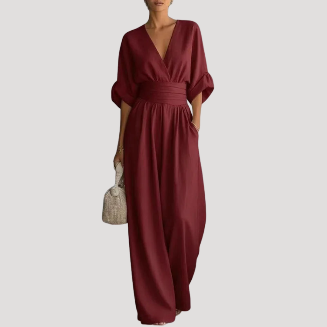 Felicity | Women's Wide Leg V-Neck Jumpsuit - Burgundy - Image 1