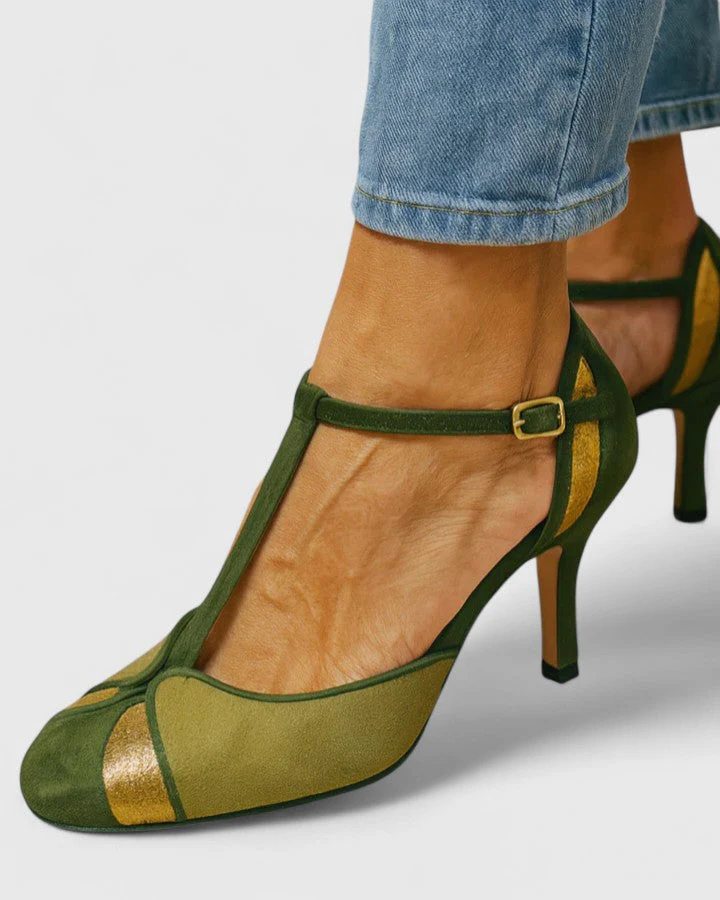 Fiona | Women's T-Bar Heels with Ankle Strap - Green - Image 1