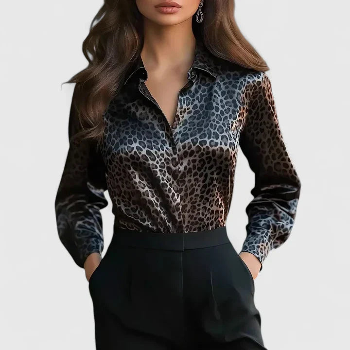 Fleur | Women's Leopard Print Long Sleeve Collared Blouse - Image 1