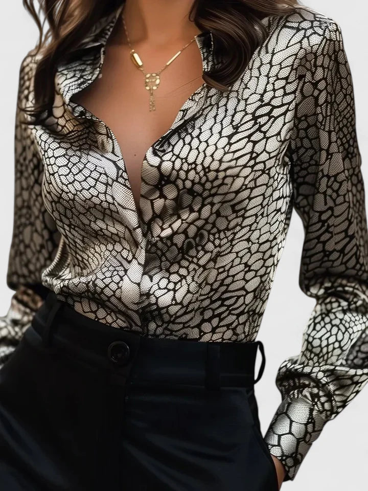 Fleur | Women's Leopard Print Long Sleeve Collared Blouse - Image 2