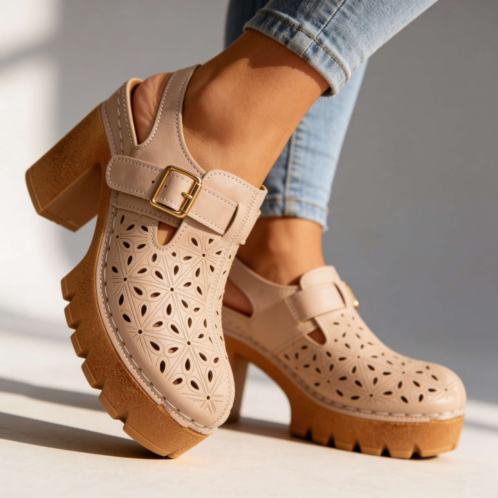 Florian | Women's Platform Cutout Block Heel Clogs - Camel - Image 10