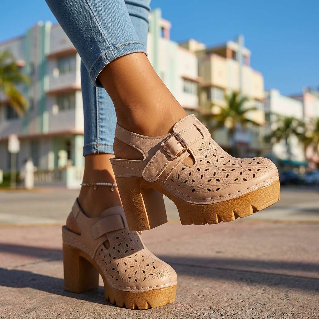 Florian | Women's Platform Cutout Block Heel Clogs - Camel - Image 5