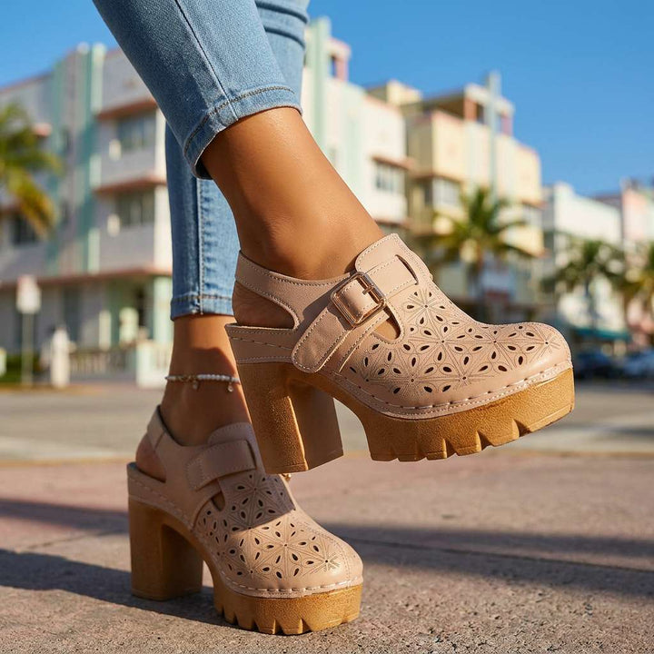 Florian | Women's Platform Cutout Block Heel Clogs - Camel - Image 5