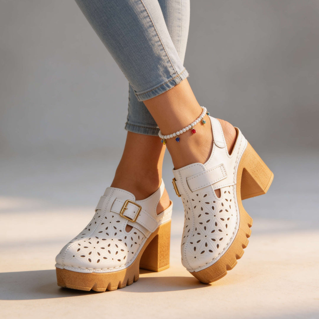 Florian | Women's Platform Cutout Block Heel Clogs - Camel - Image 9