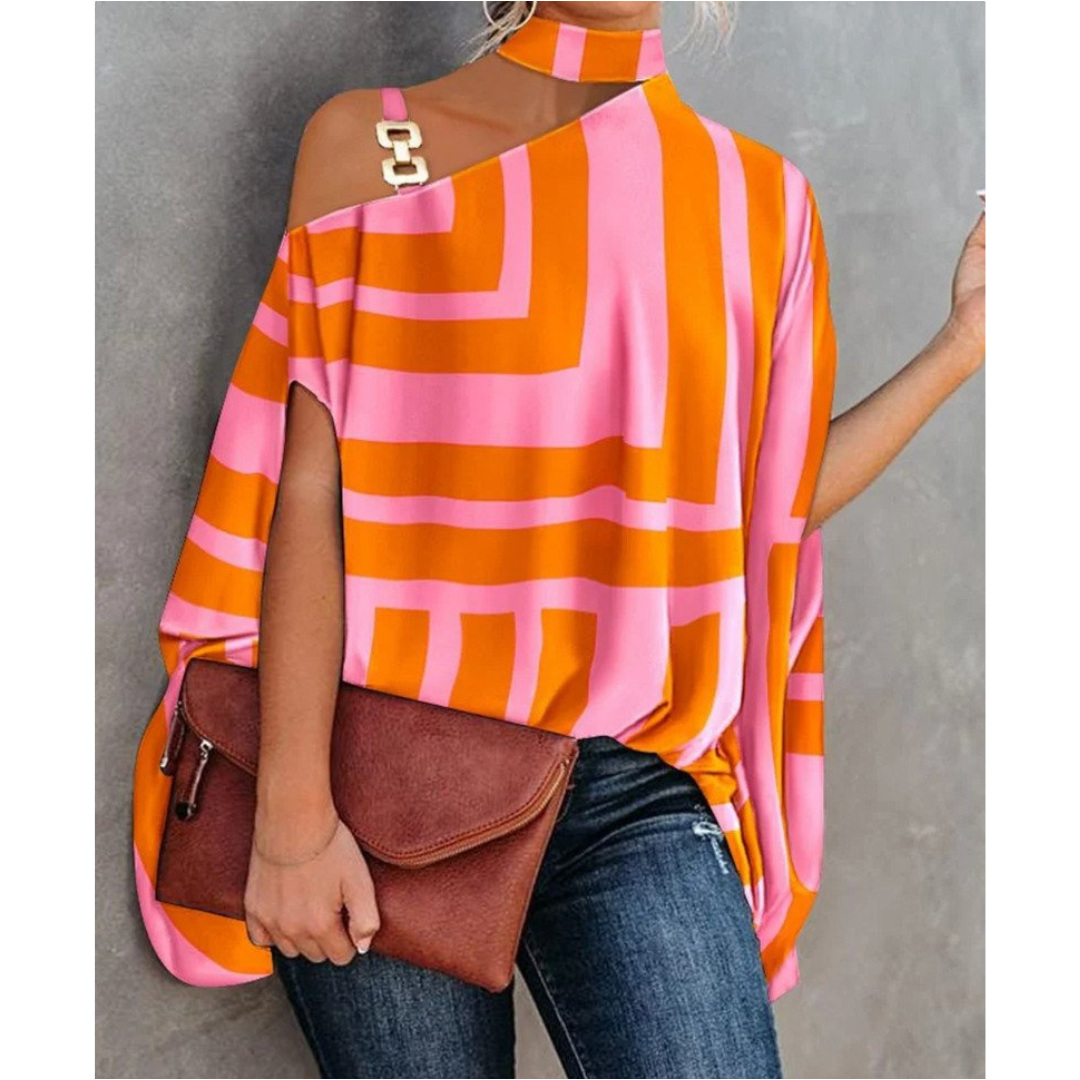 Francesca | Women's Off Shoulder Striped Tunic - Orange - Image 1