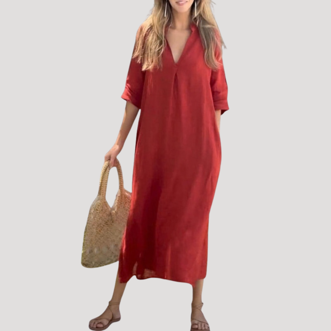 Francesca | Women's V-Neck 3/4 Sleeve Midi Dress - Red - Image 1