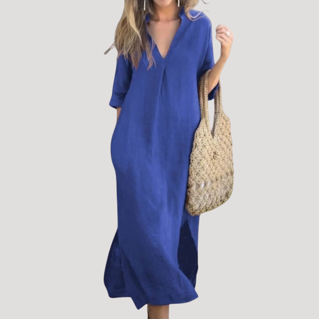 Francesca | Women's V-Neck 3/4 Sleeve Midi Dress - Red - Image 4