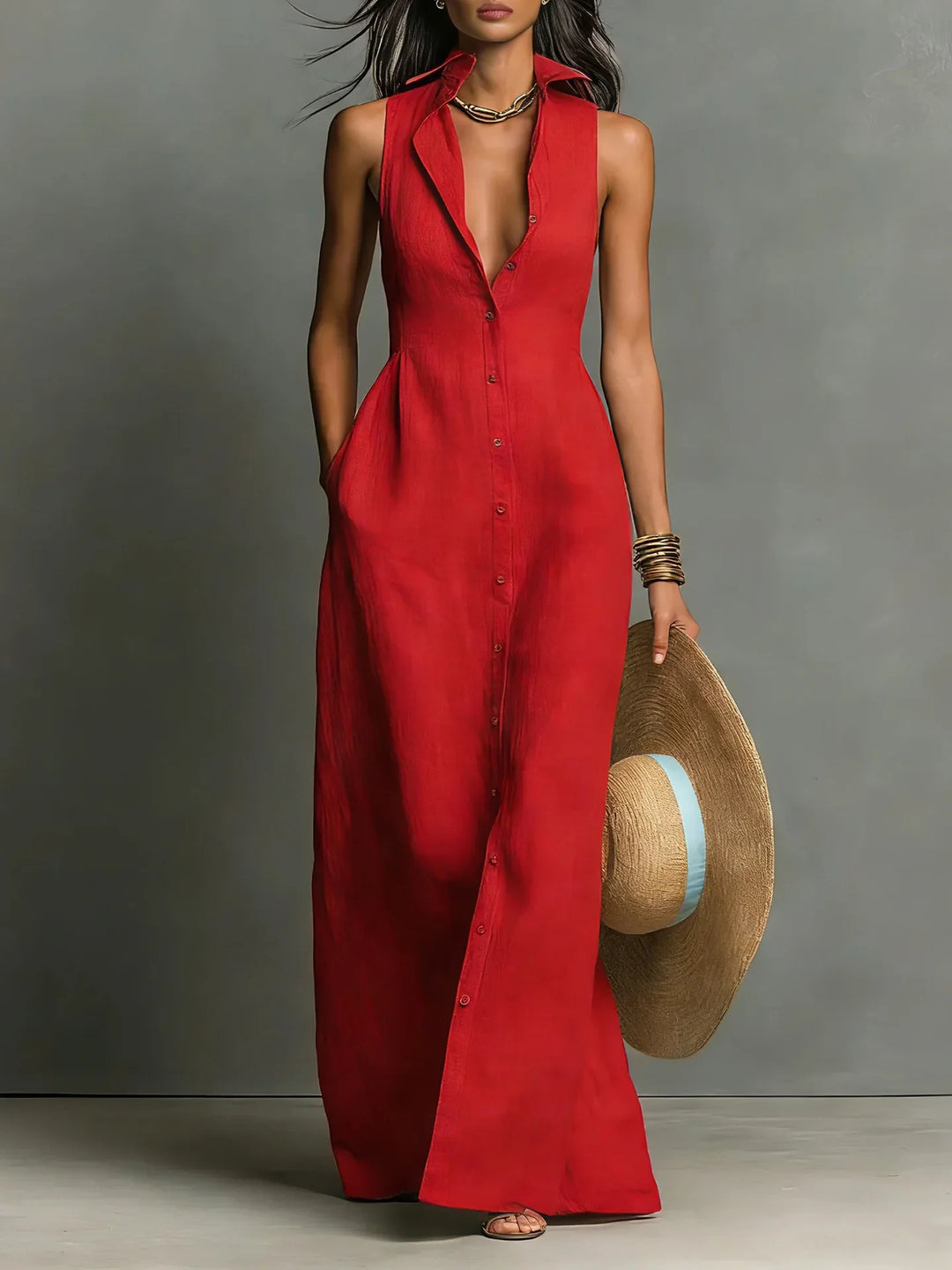 Francine | Women's Button Down Sleeveless Maxi Dress - Red - Image 1