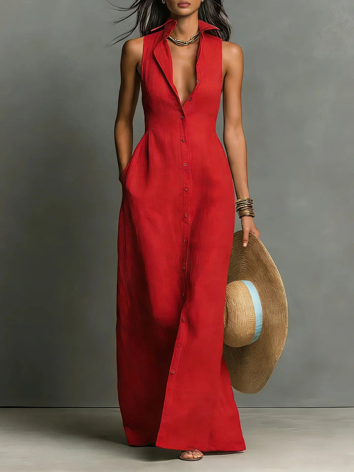 Francine | Women's Button Down Sleeveless Maxi Dress - Red - Image 1
