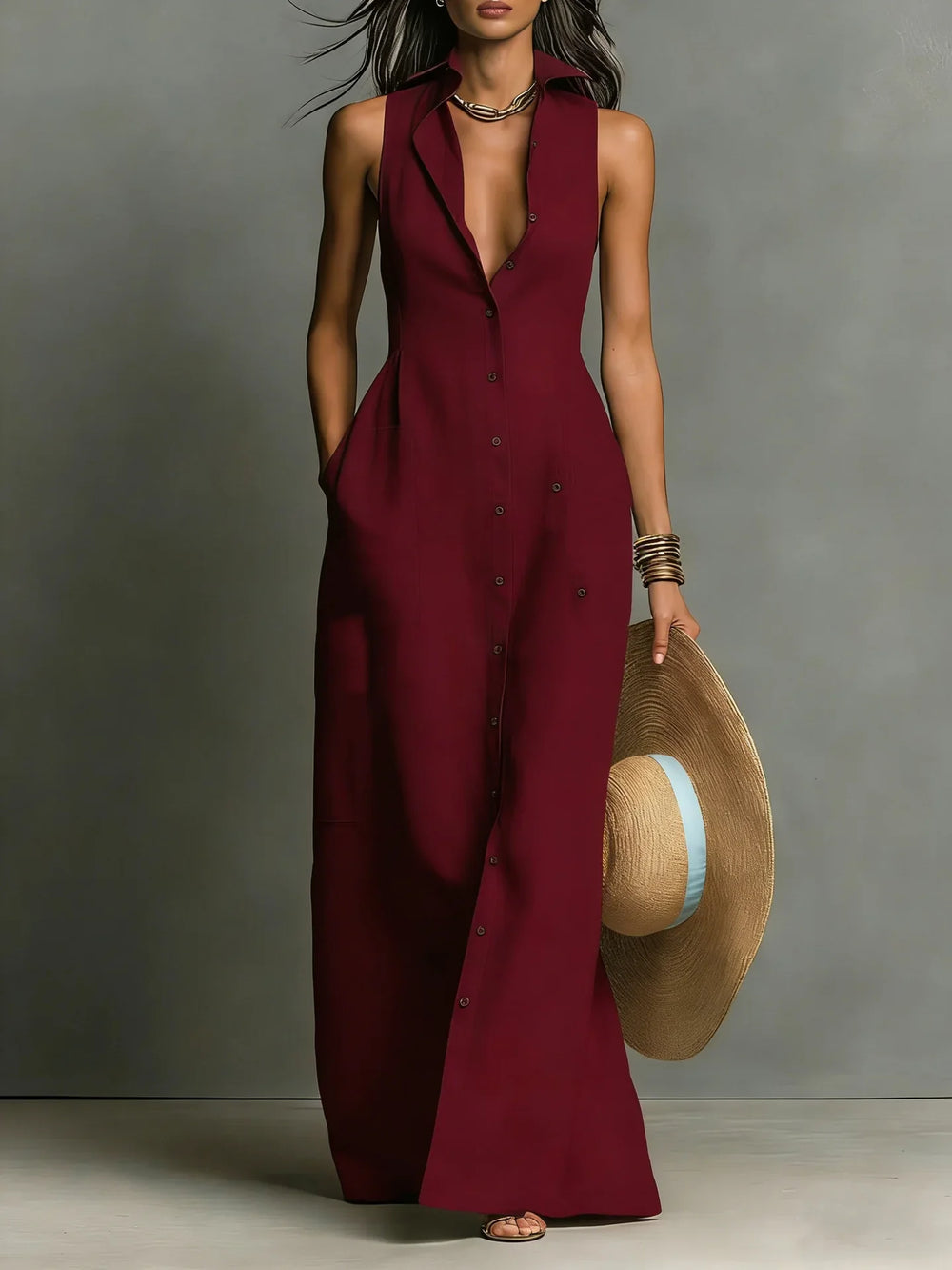 Francine | Women's Button Down Sleeveless Maxi Dress - Red - Image 2