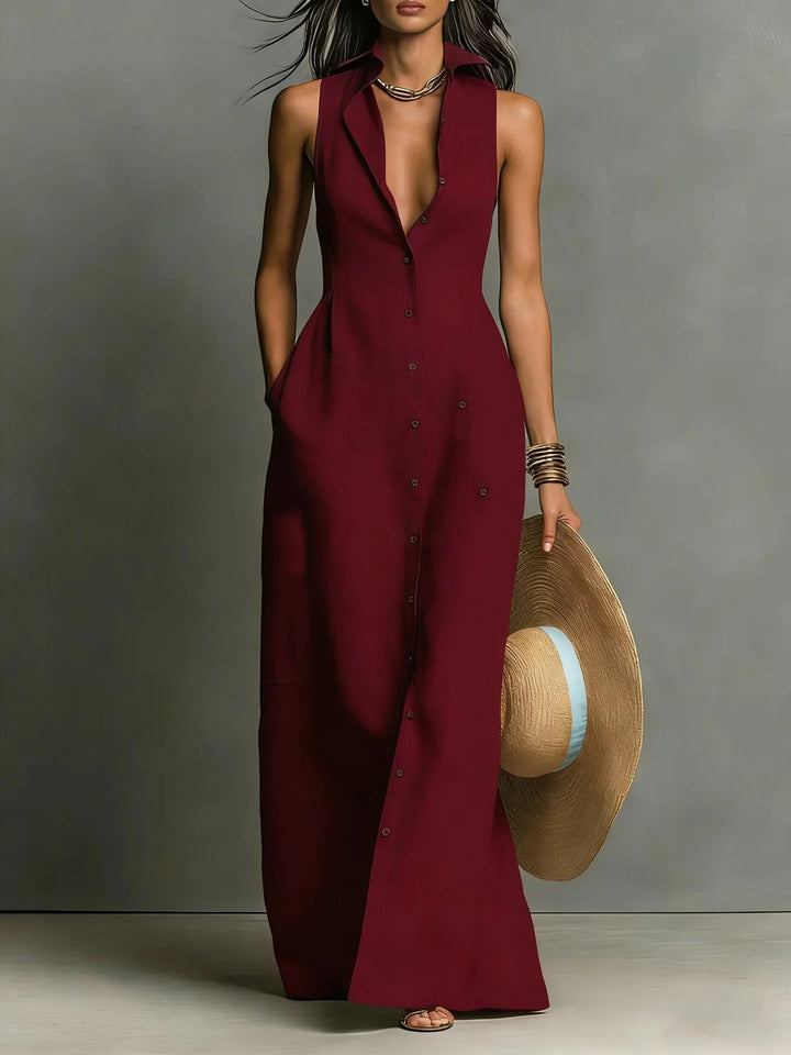 Francine | Women's Button Down Sleeveless Maxi Dress - Red - Image 2