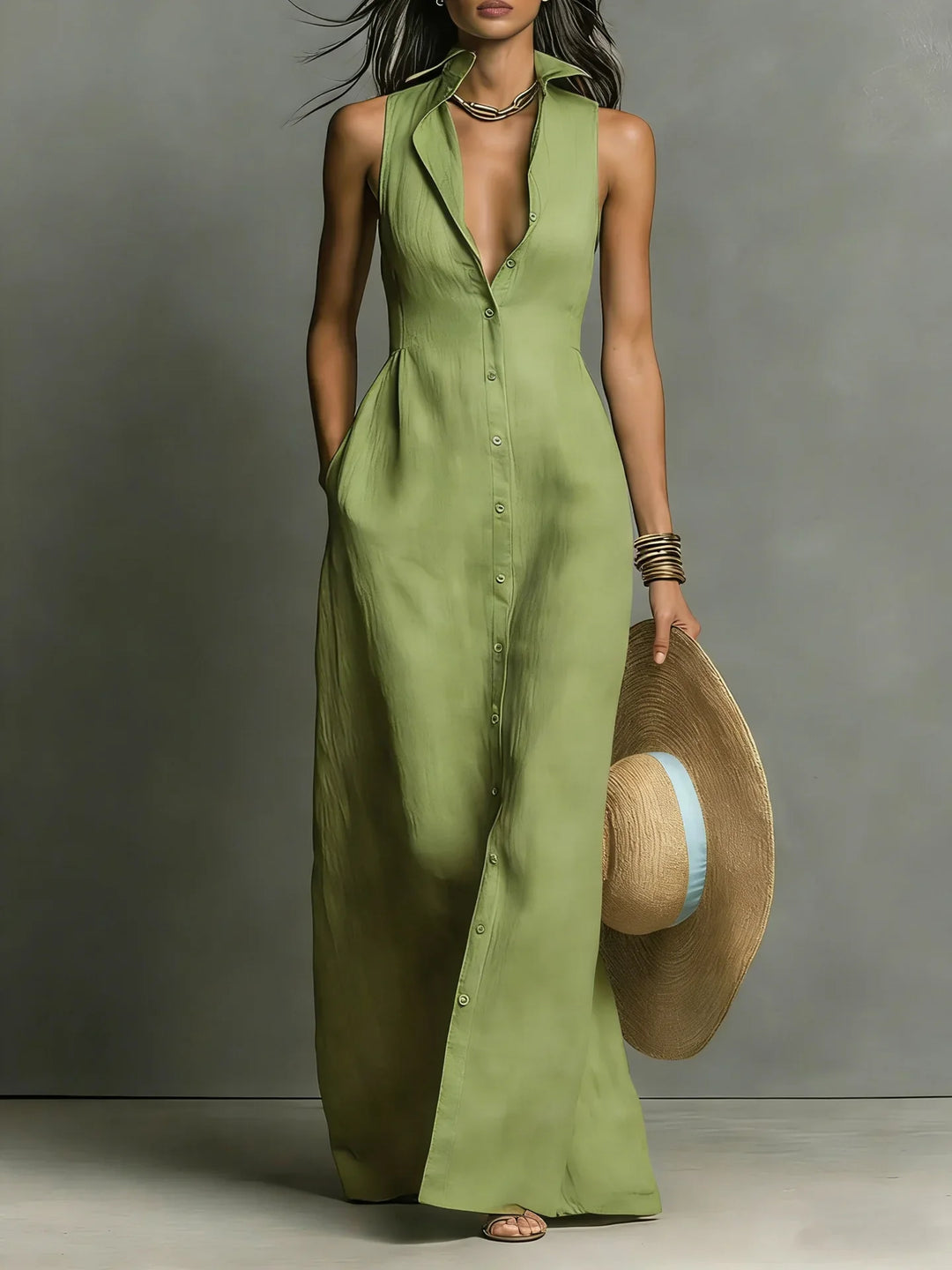 Francine | Women's Button Down Sleeveless Maxi Dress - Red - Image 6