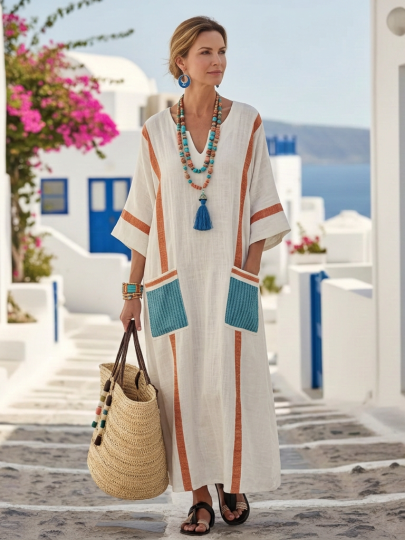 Freya | Women's V Neck Pocket Maxi Dress - White - Image 3