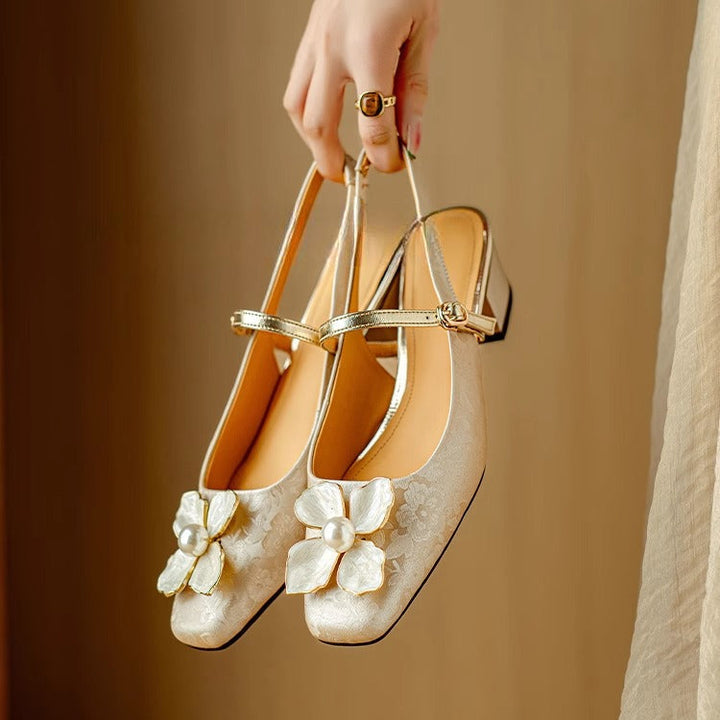 Florine | Women's Floral Slingback Pumps Square Toe Block Heel Shoes