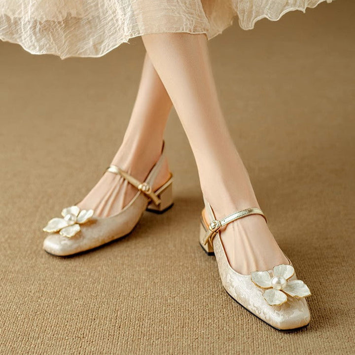 Florine | Women's Floral Slingback Pumps Square Toe Block Heel Shoes