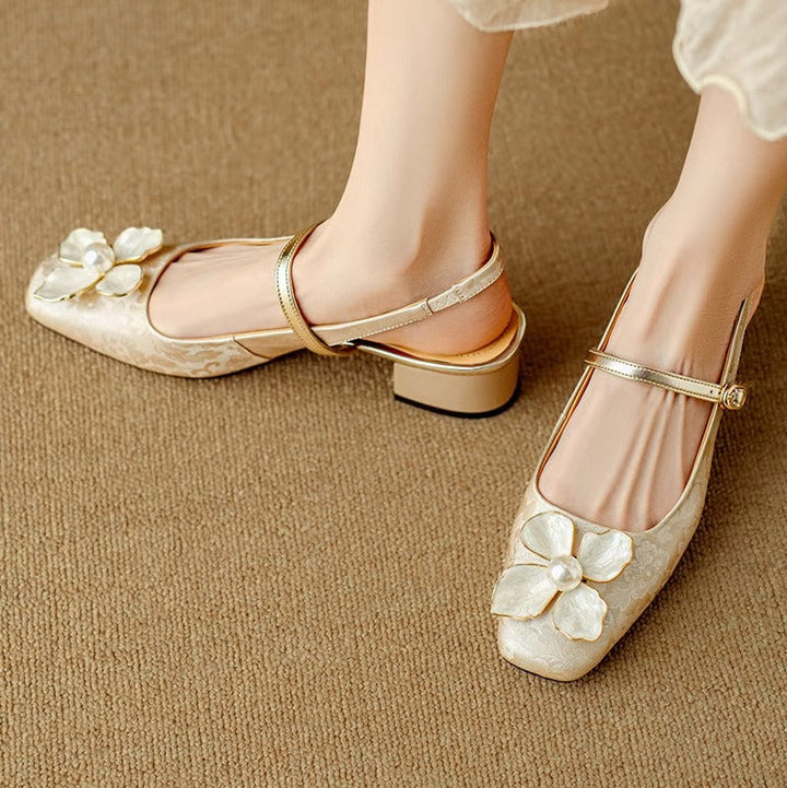 Florine | Women's Floral Slingback Pumps Square Toe Block Heel Shoes