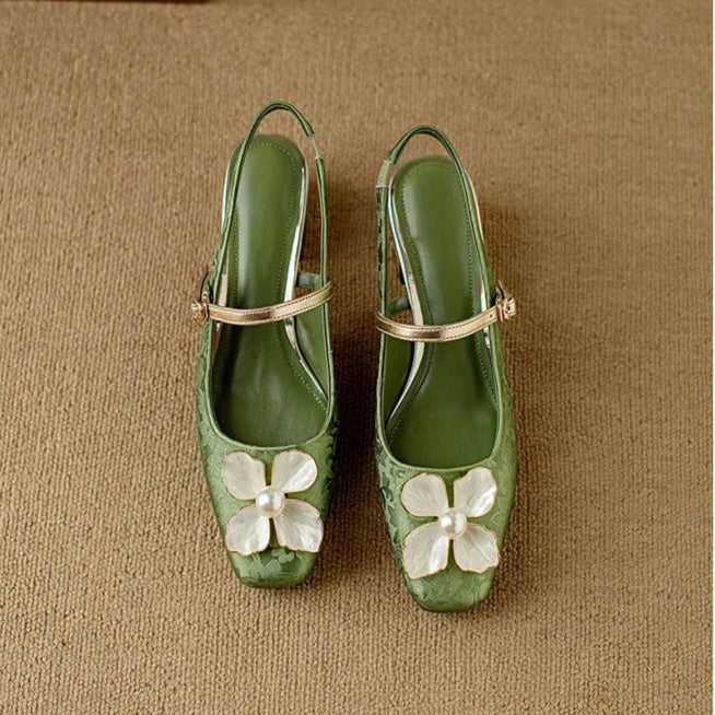 Florine | Women's Floral Slingback Pumps Square Toe Block Heel Shoes