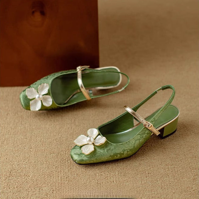 Florine | Women's Floral Slingback Pumps Square Toe Block Heel Shoes