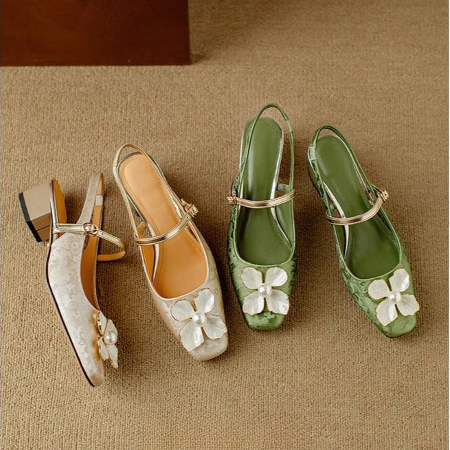 Florine | Women's Floral Slingback Pumps Square Toe Block Heel Shoes