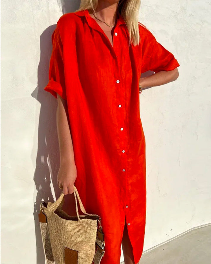 Greer | Women's Short Sleeve Button Front Midi Shirt Dress - Red - Image 1