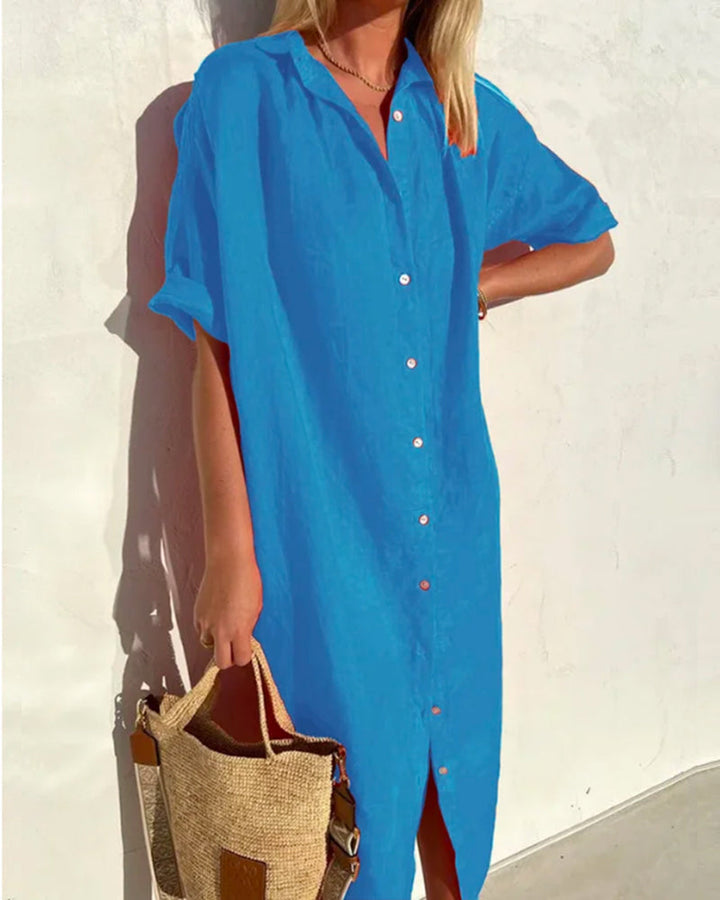 Greer | Women's Short Sleeve Button Front Midi Shirt Dress - Red - Image 3