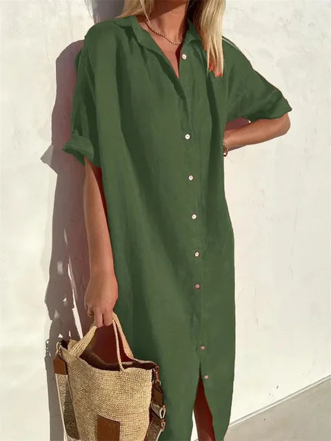 Greer | Women's Short Sleeve Button Front Midi Shirt Dress - Red - Image 4