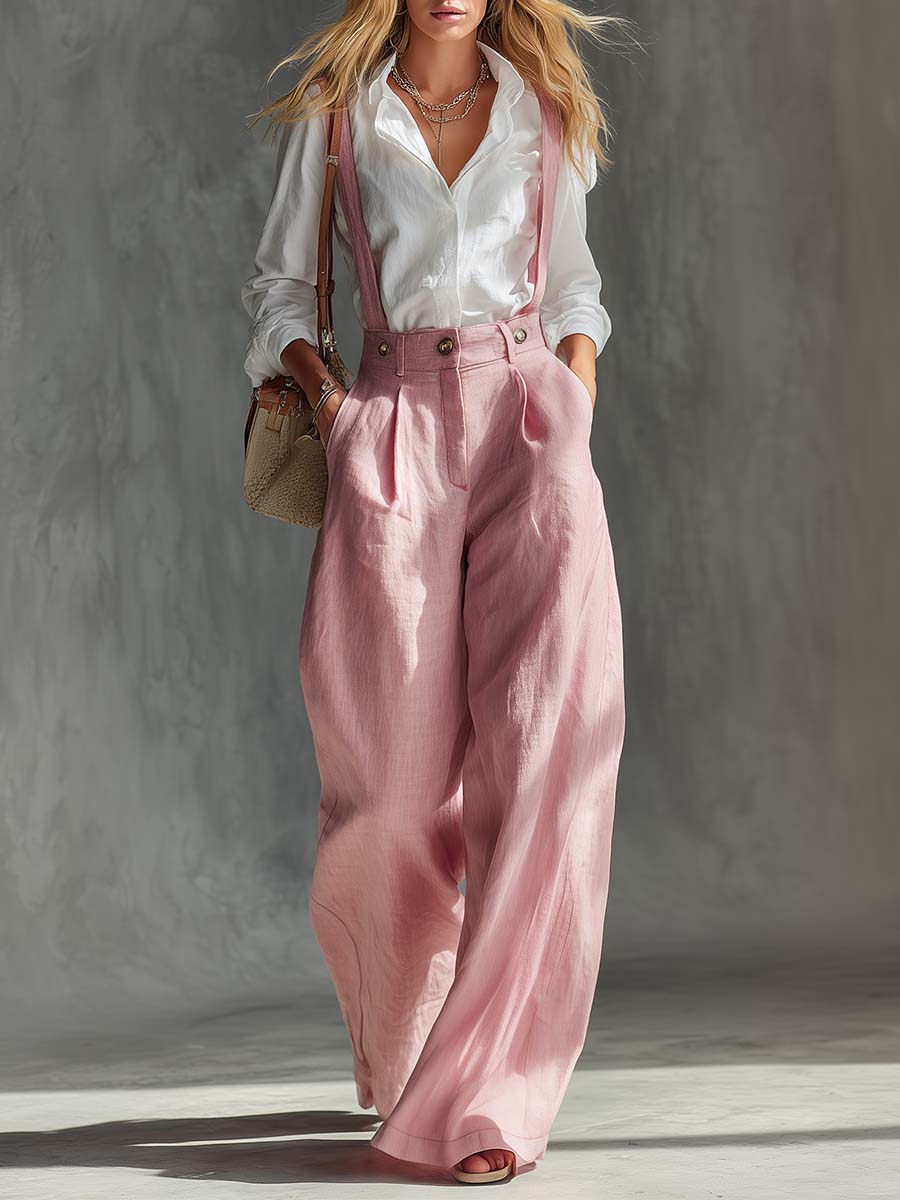 Gwendolyn | Women's Wide Leg Suspender Overalls - Pink - Image 1
