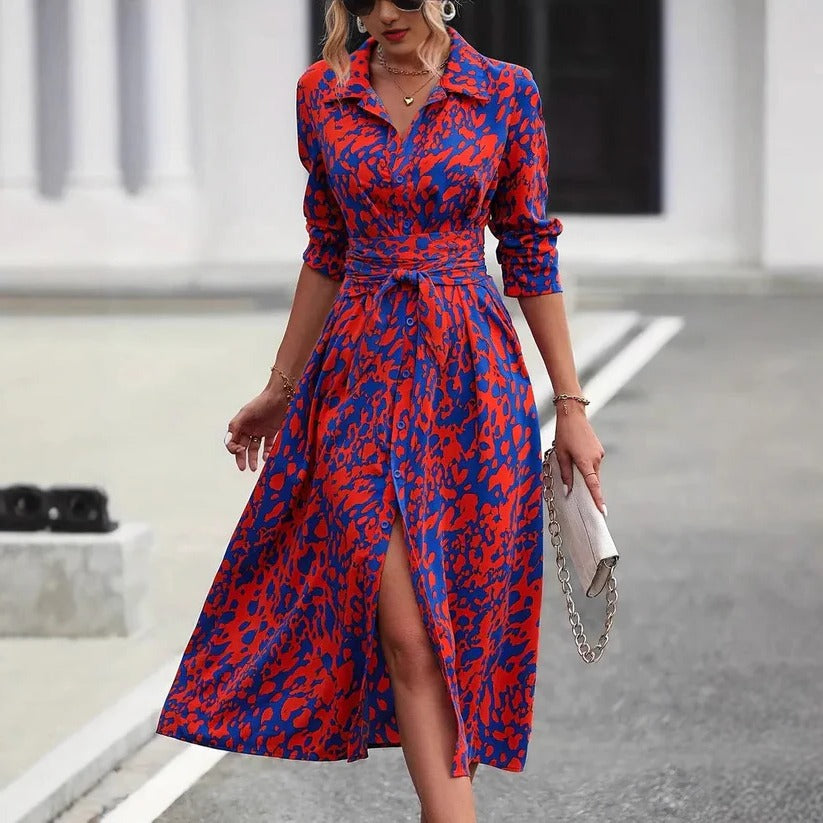 Valentina | Women's Abstract Print Button Down Belted Midi Shirt Dress