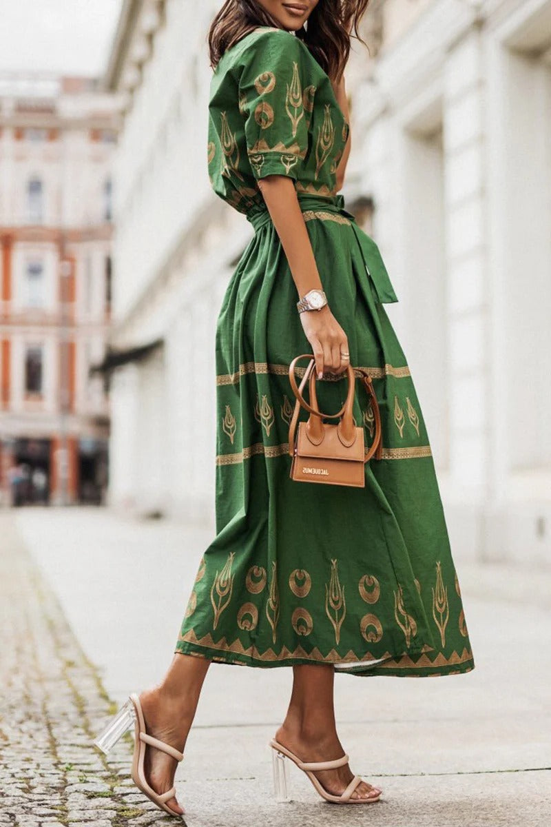 Savannah | Women's Boho Print Belted Midi Dress
