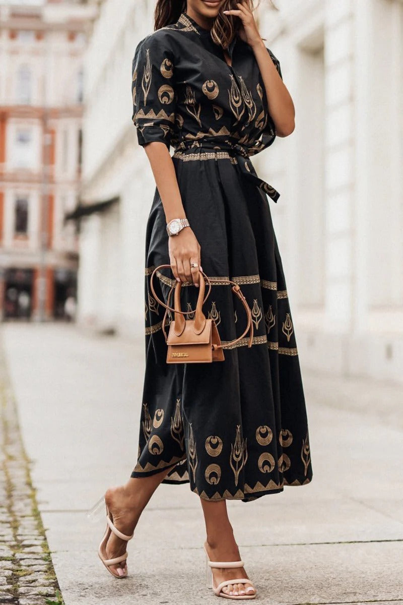 Savannah | Women's Boho Print Belted Midi Dress