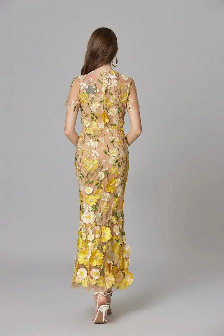 Aurelia | Women's 3D Floral Appliqué Sheer Mesh Sleeveless Maxi Dress