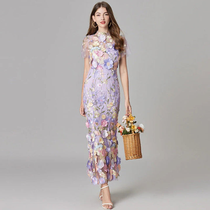 Aurelia | Women's 3D Floral Appliqué Sheer Mesh Sleeveless Maxi Dress