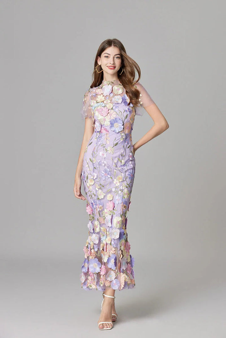 Aurelia | Women's 3D Floral Appliqué Sheer Mesh Sleeveless Maxi Dress
