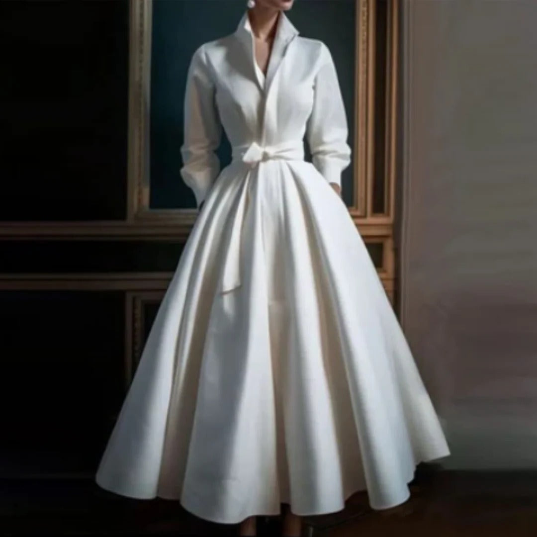 Audrey | Women's Long Sleeve V-Neck A-Line Midi Dress with Belt