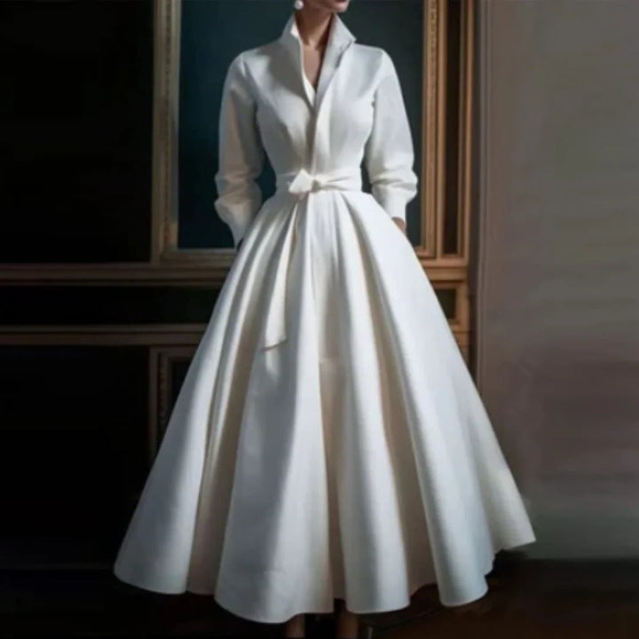 Audrey | Women's Long Sleeve V-Neck A-Line Midi Dress with Belt