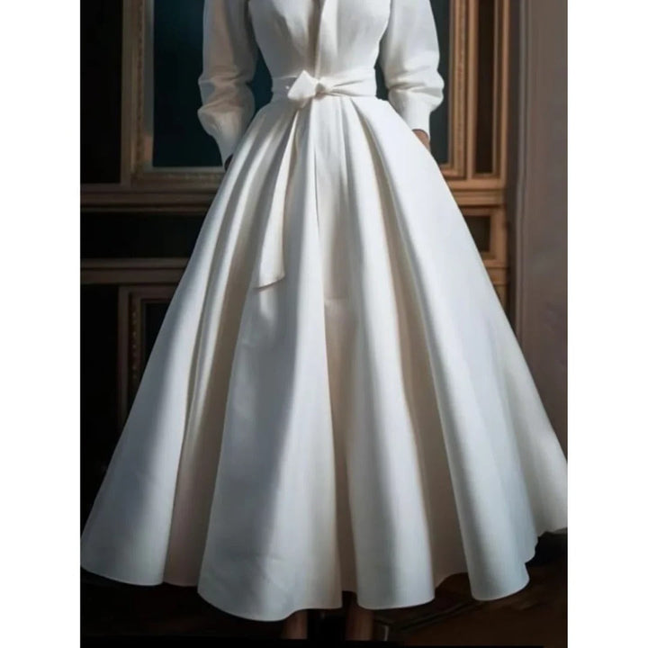 Audrey | Women's Long Sleeve V-Neck A-Line Midi Dress with Belt