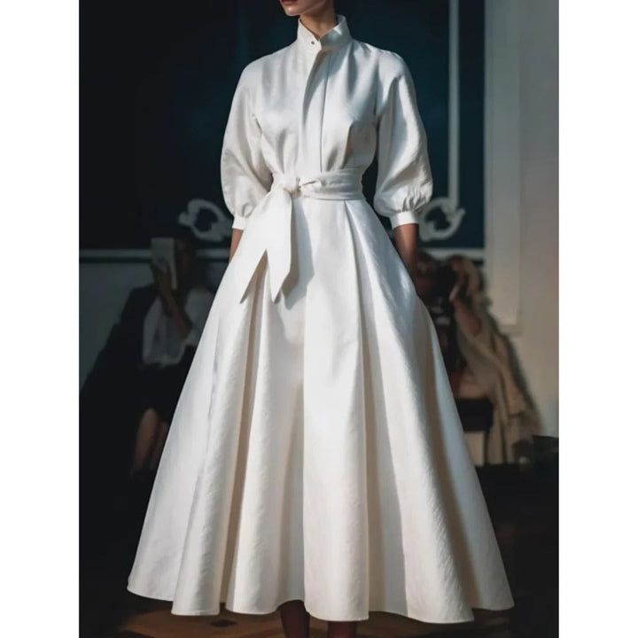 Audrey | Women's Long Sleeve V-Neck A-Line Midi Dress with Belt