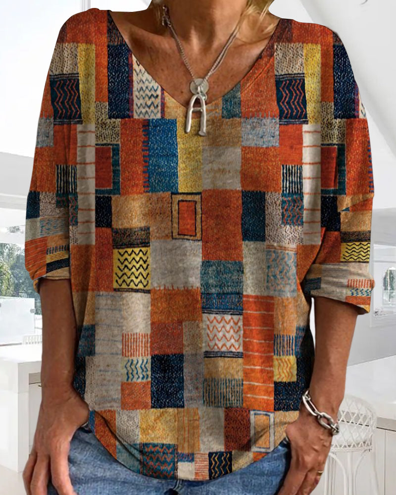 Imogen | Women's Patchwork V Neck 3/4 Sleeve Blouse - Image 3