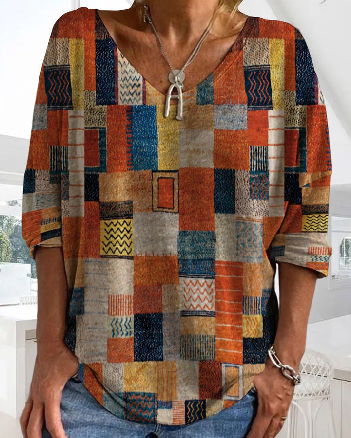 Imogen | Women's Patchwork V Neck 3/4 Sleeve Blouse - Image 3