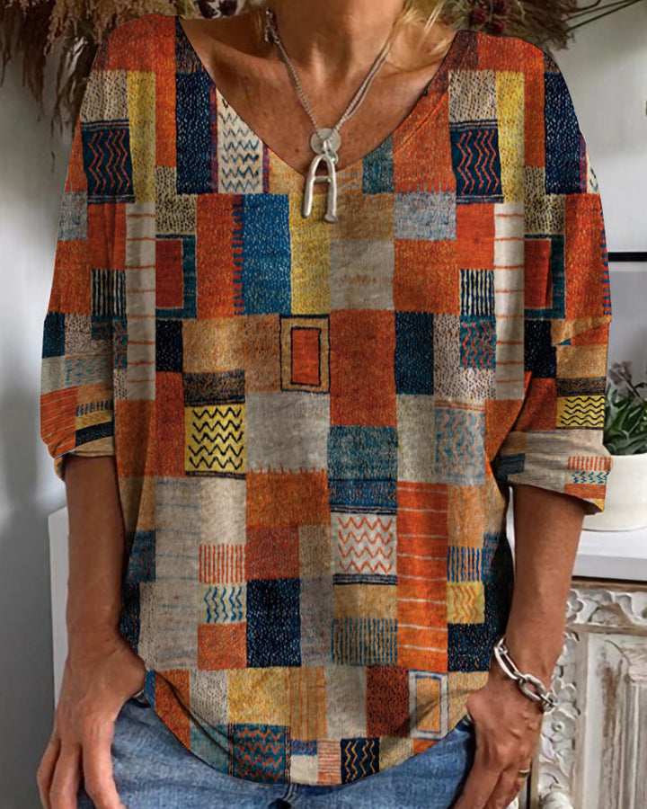 Imogen | Women's Patchwork V Neck 3/4 Sleeve Blouse - Image 4