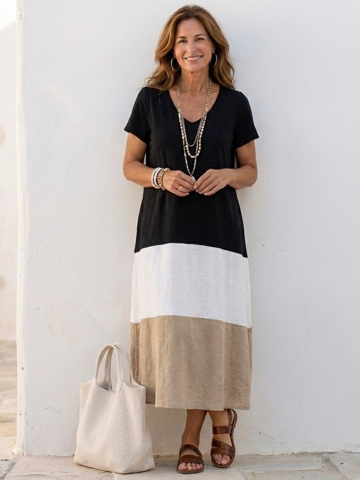 Isadora | Women's Color Block V Neck Midi Dress - Image 1