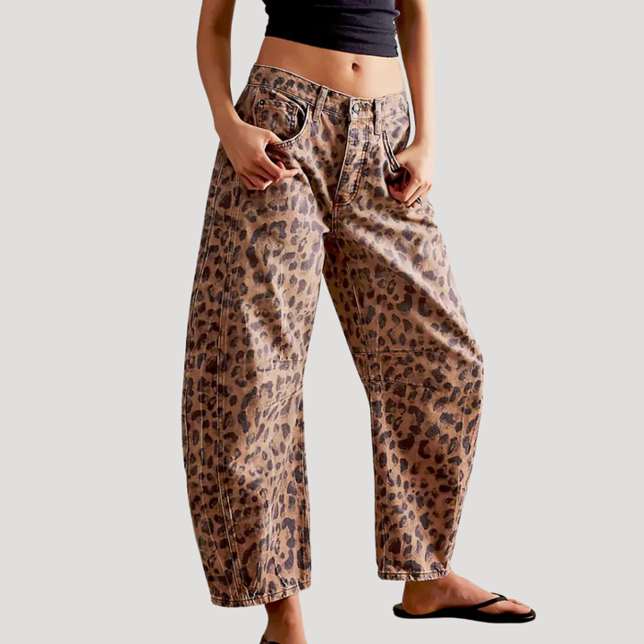 Isadora | Women's Leopard Print Barrel Leg Wide Jeans - Brown - Image 1