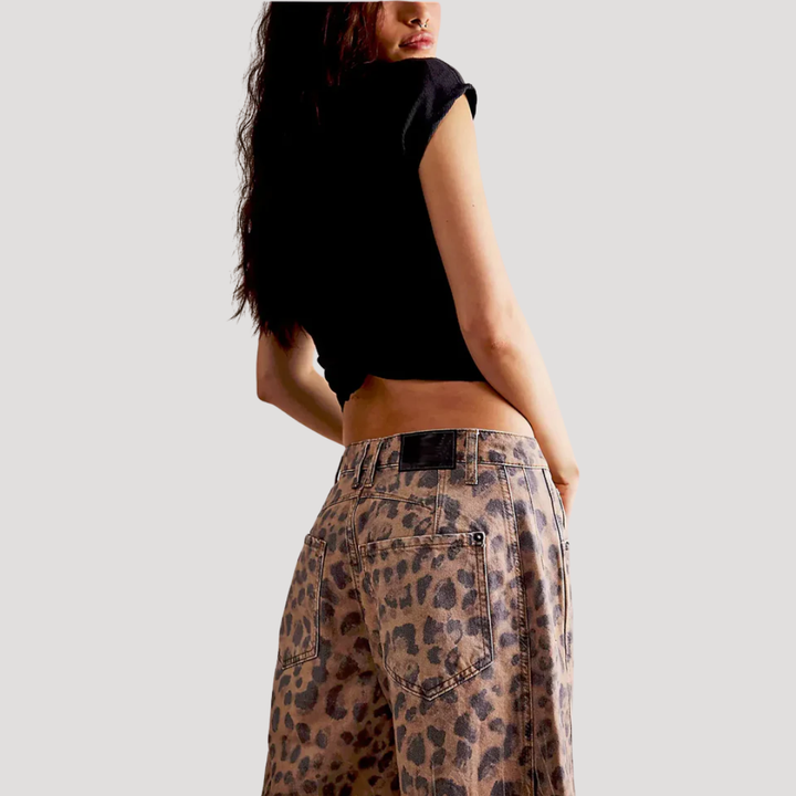 Isadora | Women's Leopard Print Barrel Leg Wide Jeans - Brown - Image 4