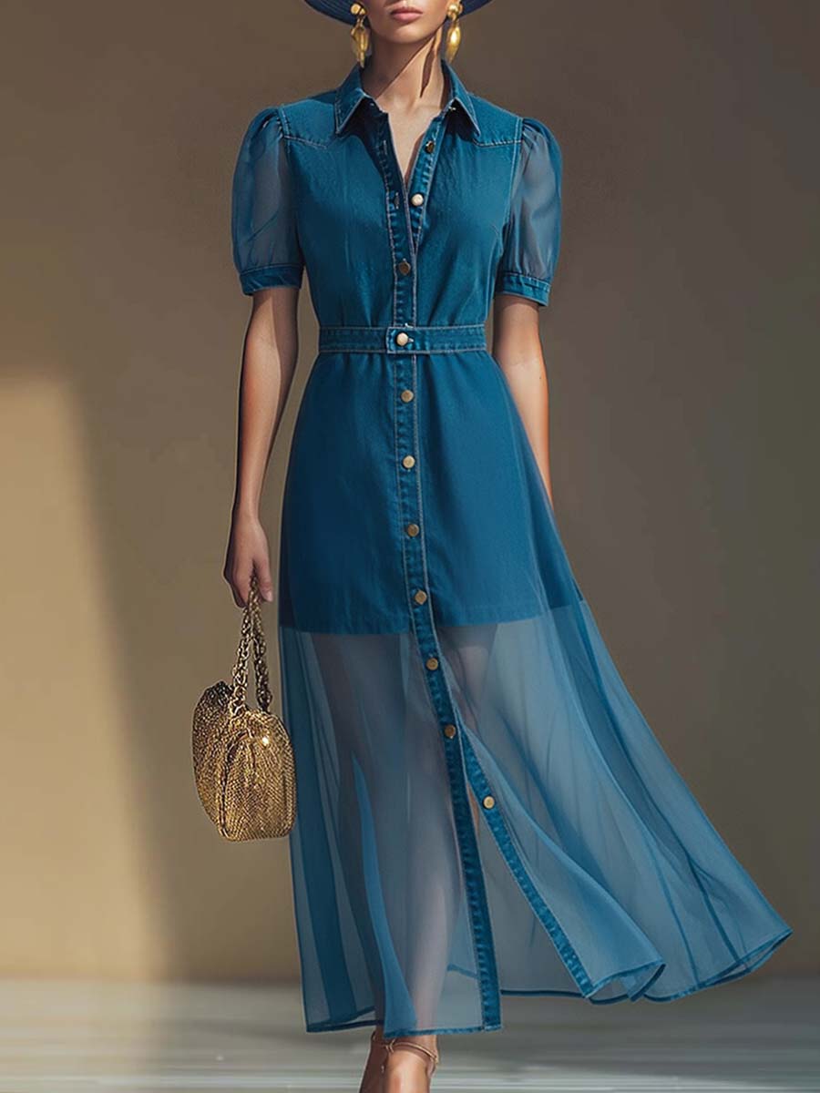 Isolde | Women's Button Front V-Neck Maxi Dress - Blue - Image 1