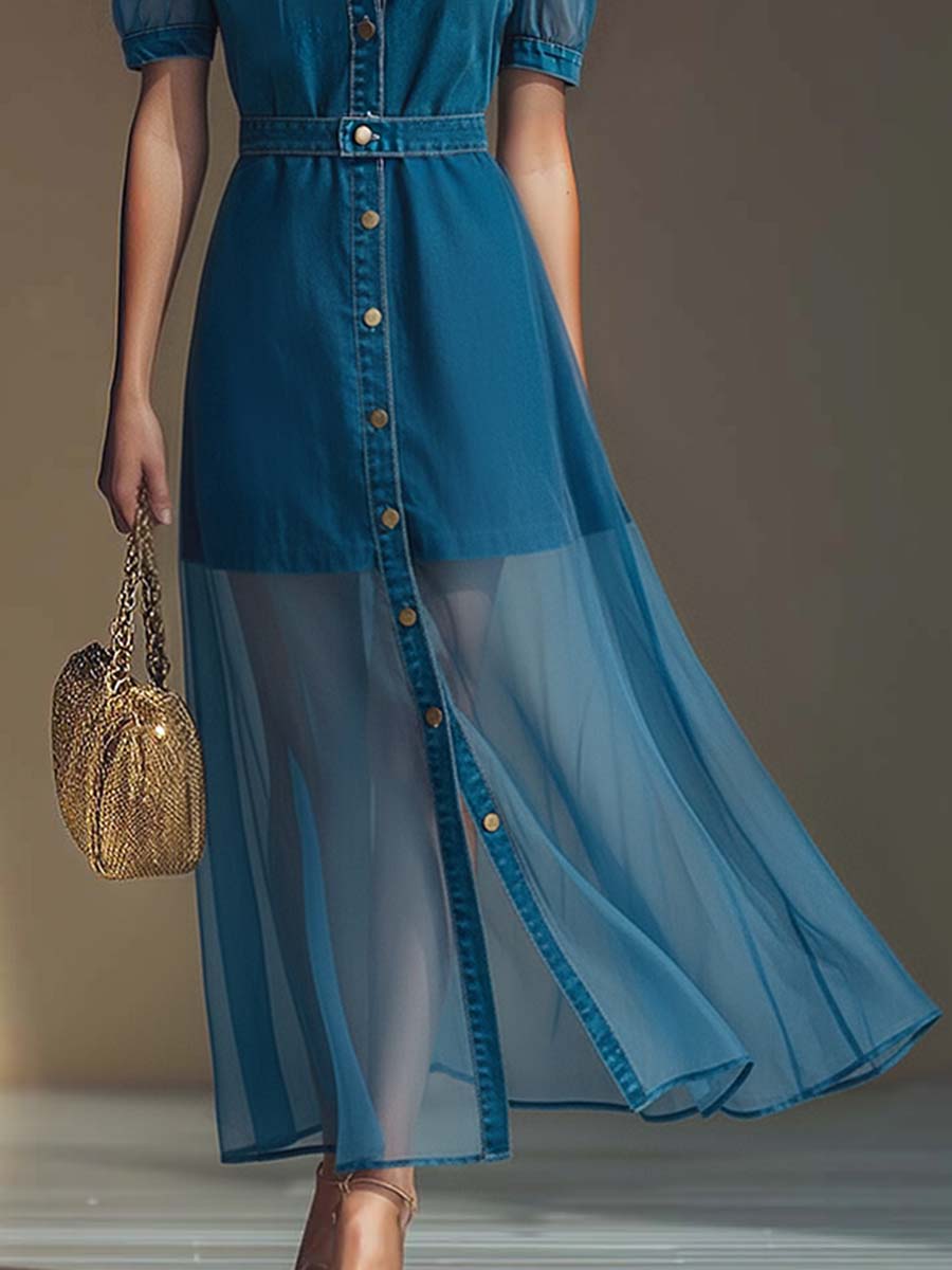 Isolde | Women's Button Front V-Neck Maxi Dress - Blue - Image 4